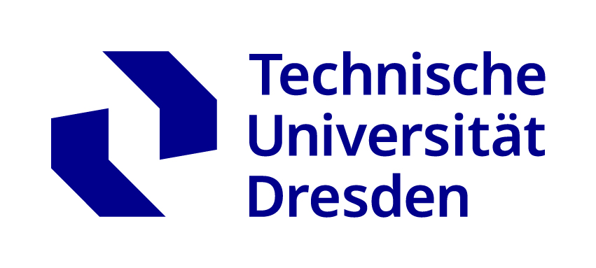 Logo der Technischen Universität Dresden mit blauem Symbol und Schriftzug.